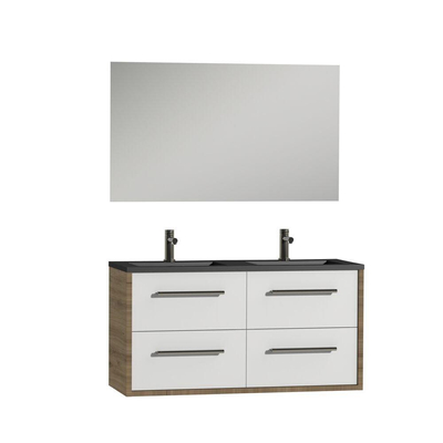 Tiger Boston Ensemble meuble de salle de bains 120cm chêne chalet / blanc brillant avec miroir. vasque en polybéton noir mat et poignées inox brossé