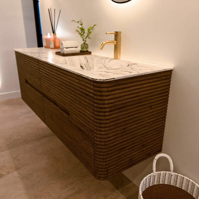 Mondiaz CIRO-DLUX Badkamermeubelset - 150x45x50cm - Solid surface wastafel Glace - 1 wasbak Rechts - 1 kraangat - 4 lades - Dusk