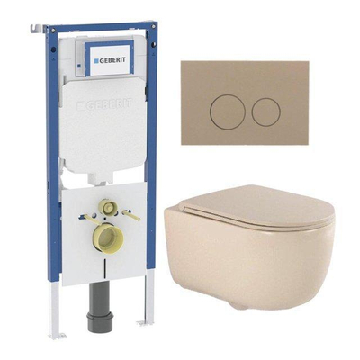 QeramiQ Dely Swirl Pack WC - 36.3x51.7cm - réservoir encastré Geberit UP720 Duofix Sigma - abattant mince - plaque de déclenchement taupe - boutons ronds - beige