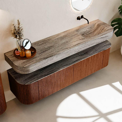 MONDIAZ THOR-DLUX 180cm meuble de salle de bains arrondi gauche + droite couleur Ruby avec 2 tiroirs et 2 portes. Vasque suspendue CLOUD Droite sans trou de robinet couleur Oza.