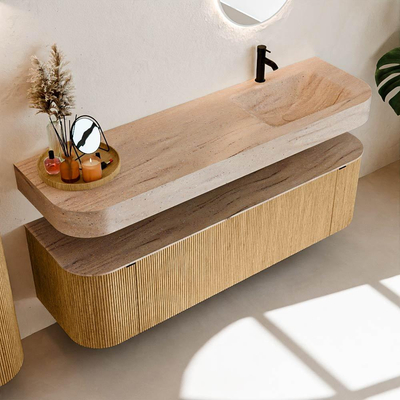 MONDIAZ THOR-DLUX 160cm badmeubel ronding links + rechts kleur Oak met 1 lade en 2 deuren. Vrijhangende wastafel CLOUD Rechts 1 kraangat kleur Saba.