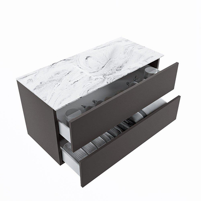 Mondiaz VICA-DLUX Ensemble de meuble de salle de bain - 100cm - meuble sous-vasque gris foncé - 2 tiroirs - lavabo encastré cloud droite - 1 trou de robinet - version haute de 60cm - glace