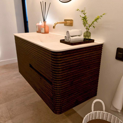 Mondiaz CIRO-DLUX Ensemble de meubles de salle de bains - 100x45x50cm - lavabo solid surface Meli - 1 vasque au milieu - sans trous de robinet - 2 tiroirs - Noyer