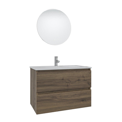 Saniclass Chaci Ensemble meuble de salle de bains - 80x46x55cm - lavabo en céramique blanc - 1 vasque ovale - 1 trou de robinet - 2 tiroirs - miroir rond avec éclairage - noyer (bois)