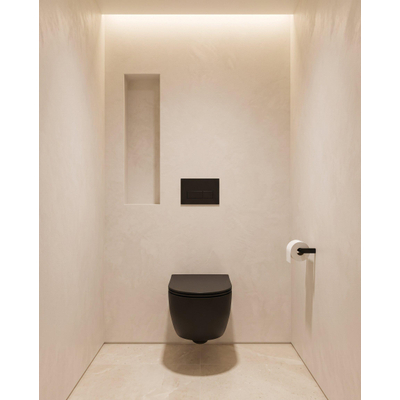 QeramiQ Dely Swirl Toiletset - 36.3x51.7cm - Geberit UP320 inbouwreservoir - met Burda frame - 35mm zitting - mat zwarte metalen bedieningsplaat - ronde knoppen - mat zwart