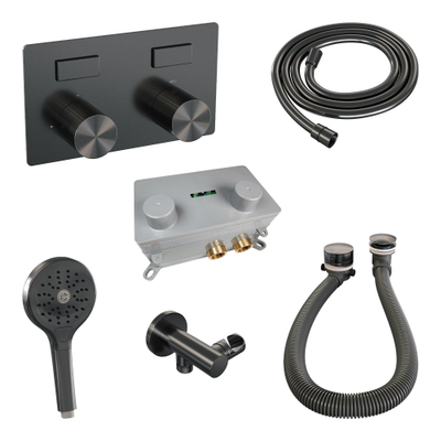 BRAUER Stripe Thermostatische Badkraan - drukknoppen - SET 03 - inbouw - badvulcombinatie - staaf handdouche - doucheslang - wandaansluitbocht - gunmetal geborsteld PVD