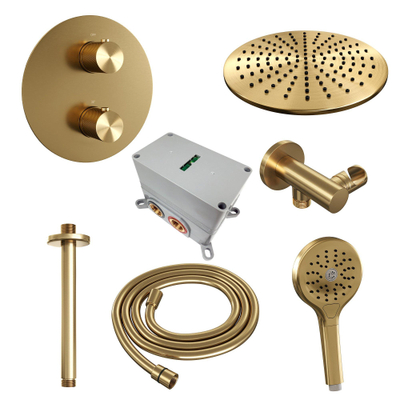 BRAUER Gold Carving douche de pluie encastrée thermostatique - 3 voies - ronde - set 84 - pomme de douche 30cm - bras de plafond - douchette 3 jets - flexible de douche - coude de raccordement mural - or brossé PVD