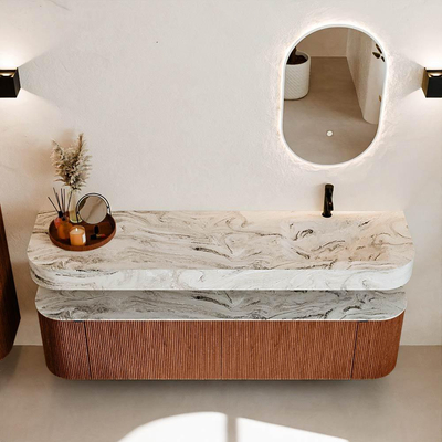 MONDIAZ THOR-DLUX 180cm meuble de salle de bains arrondi gauche + droite couleur Ruby avec 2 tiroirs et 2 portes. Vasque suspendue CLOUD Droite 1 trou de robinet couleur Glace.