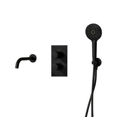 Fortifura Calvi Ensemble de robinet de baignoire - bec - 22cm réductible - flexible métallique - douchette ronde - partie encastrable - support mural - noir mat