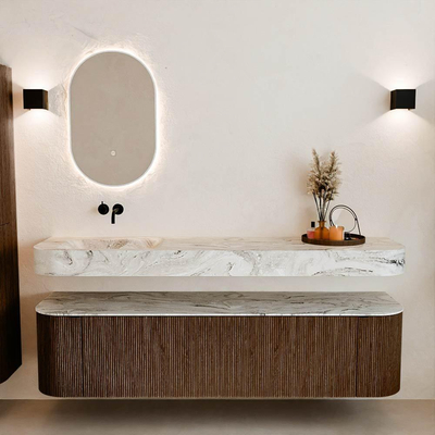 MONDIAZ THOR-DLUX Meuble de salle de bains 180cm arrondi gauche + droite couleur Walnut avec 2 tiroirs et 2 portes. Vasque suspendue CLOUD Gauche sans trou de robinet couleur Glace.