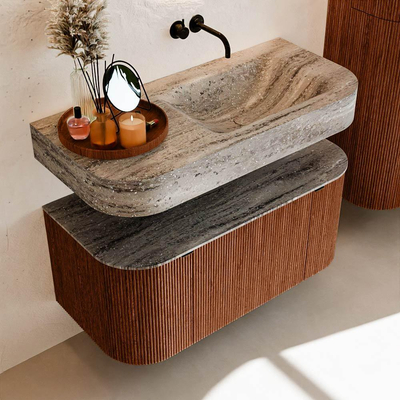 MONDIAZ THOR-DLUX 100cm meuble de salle de bains arrondi gauche + droite couleur Ruby avec 1 tiroir et 2 portes. Vasque suspendue CLOUD droite sans trou de robinet couleur Oza.