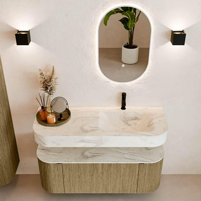 MONDIAZ THOR-DLUX 120cm meuble de salle de bains arrondi gauche + droite couleur Dusk avec 1 tiroir et 2 portes. Vasque suspendue CLOUD Droite 1 trou de robinet couleur Ostra.