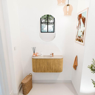 Mondiaz JOYA-DLUX 83.2cm toiletmeubel - ronding links en rechts kleur Oak - Wastafel FAYE positie Midden 1 kraangat kleur Frappe.