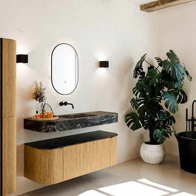 MONDIAZ THOR-DLUX 130cm badmeubel ronding links + rechts kleur Oak met 1 lade en 2 deuren. Vrijhangende wastafel CLOUD Midden zonder kraangat kleur Lava.