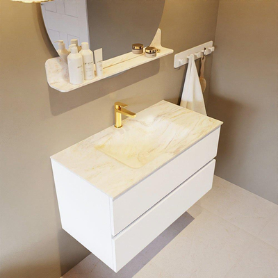 Mondiaz VICA-DLUX Ensemble de meuble de salle de bain - 90cm - meuble sous-vasque talc - 2 tiroirs - lavabo encastré cloud milieu - 1 trou de robinet - version haute de 60cm - ostra