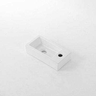 QeramiQ Fuente pack lave-mains – 37,5 x 18,5 x 9 cm – céramique blanc brillant – perçage à droite – robinet noir mat