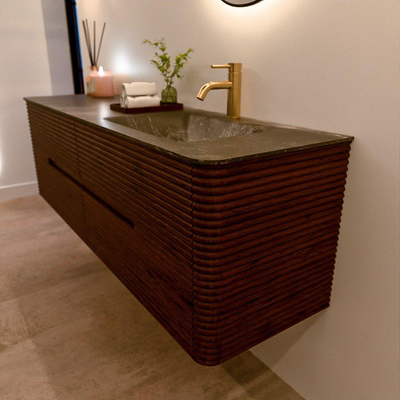 Mondiaz CIRO-DLUX Badkamermeubelset - 160x45x50cm - Solid surface wastafel Lava - 1 wasbak Rechts - 1 kraangat - 4 lades - Ruby