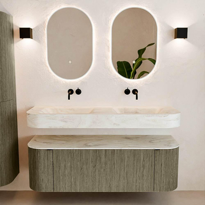 MONDIAZ THOR-DLUX 140cm meuble de salle de bains arrondi gauche + droite couleur Shadow avec 1 tiroir et 2 portes. Vasque suspendue CLOUD Double sans trou de robinet couleur Ostra.