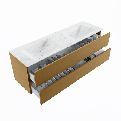 Mondiaz VICA-DLUX ensemble de meuble de salle de bain - 150cm - meuble sous-vasque oro - 2 tiroirs - lavabo encastré cloud double - sans trous de robinet - version haute de 60cm - opalo