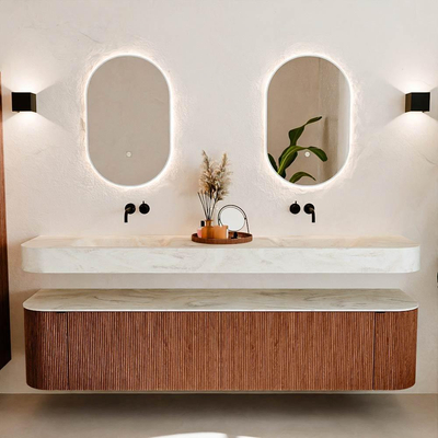 MONDIAZ THOR-DLUX 200cm meuble de salle de bains arrondi gauche + droite couleur Ruby avec 2 tiroirs et 2 portes. Vasque suspendue CLOUD Double sans trou de robinet couleur Ostra.