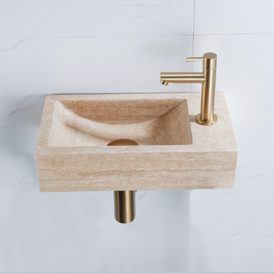 Saniclass Fuente pack lave-mains – rectangulaire – 40 x 22 x 10 cm – travertin beige – robinet doré brossé