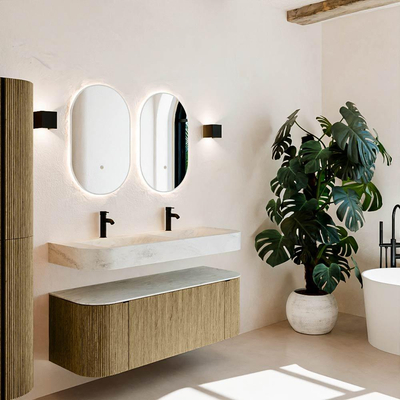 MONDIAZ THOR-DLUX 130cm meuble de salle de bains arrondi gauche + droite couleur Dusk avec 1 tiroir et 2 portes. Vasque suspendue CLOUD Double 2 trous de robinet couleur Opalo.