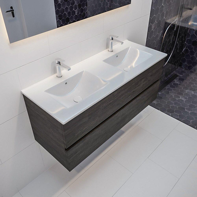 Mondiaz VICA ensemble de meuble de salle de bain - 120cm - meuble sous-vasque marron foncé - 2 tiroirs - DENIA double 2 trous de robinet XL version 60cm de haut