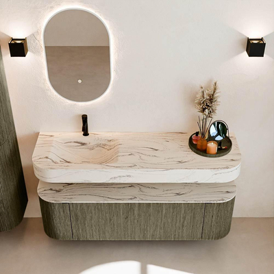 MONDIAZ THOR-DLUX 150cm meuble de salle de bains arrondi gauche + droite couleur Shadow avec 1 tiroir et 2 portes. Vasque suspendue CLOUD Gauche 1 trou de robinet couleur Nata.