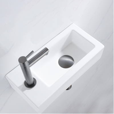 QeramiQ Fuente pack lave-mains – 37,5 x 18,5 x 9 cm – céramique blanc mat – perçage à gauche – robinet gunmetal brossé