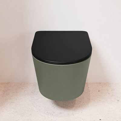 Mondiaz LAVIE hangtoilet – spoelrandloos – 36 x 53 cm – met softclose zitting – Army (groen), zitting Urban (zwart)