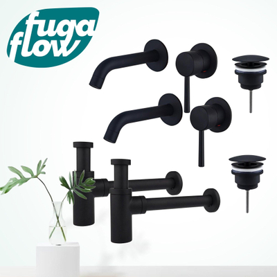 FugaFlow Eccelente Sobrado Badkamer Slim Wastafelkraanset - voor dubbele wastafel - inbouw wastafelkraan - always open plug - design sifon - Mat zwart