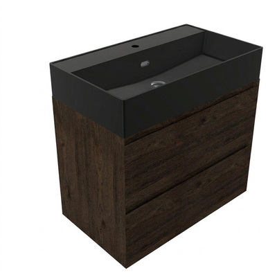 Saniclass Holz Pure Badkamermeubelset - 80x45x72cm - Legend keramische wastafel mat zwart - 1 wasbak - 1 kraangat - 2 lades - mat eiken charcoal (hout)