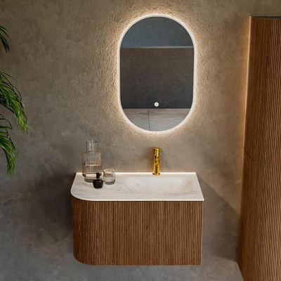 MONDIAZ KURVE-DLUX 75cm Meuble salle de bain avec module 25 G - couleur Walnut - 1 tiroir - 1 porte - vasque GRUNNE droite - 1 trou de robinet - couleur Ostra