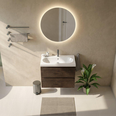 Saniclass Holz Atelier Ensemble de meubles de salle de bains - 80x45x63.5cm - lavabo en céramique Palermo blanc - 1 vasque - 1 trou de robinetterie - 2 tiroirs - chêne charcoal mat (bois)