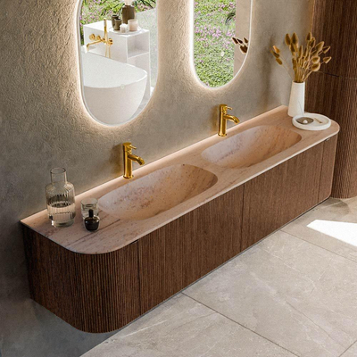 MONDIAZ KURVE-DLUX Meuble de salle de bains 190cm arrondi Gauche + Droite couleur Walnut avec 2 tiroirs et 2 portes. Lavabo STOR SMALL Double 2 trous de robinet Saba.