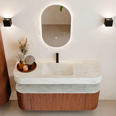 MONDIAZ THOR-DLUX 140cm meuble de salle de bains arrondi gauche + droite couleur Ruby avec 1 tiroir et 2 portes. Vasque suspendue CLOUD Milieu 1 trou de robinet couleur Opalo.