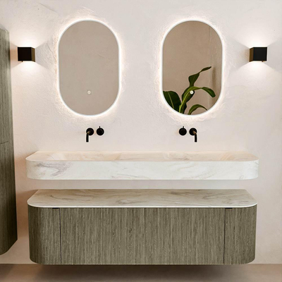 MONDIAZ THOR-DLUX 160cm meuble de salle de bains arrondi gauche + droite couleur Shadow avec 1 tiroir et 2 portes. Vasque suspendue CLOUD Double sans trou de robinet couleur Ostra.