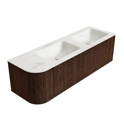 MONDIAZ KURVE-DLUX Meuble de salle de bains 145 cm avec module 25 L couleur Walnut avec 1 tiroir et 1 porte. Lavabo LEAF double / droite sans trou de robinet couleur Ostra.