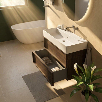 Saniclass Holz Frame Ensemble meuble de salle de bains - 100x45x72cm - Legend lavabo en céramique blanc mat - 1 vasque - sans trou de robinet - 2 tiroirs - chêne charcoal mat (bois)