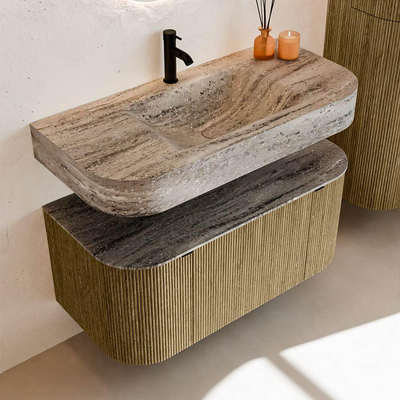 MONDIAZ THOR-DLUX 100cm meuble de salle de bains arrondi gauche + droite couleur Dusk avec 1 tiroir et 2 portes. Vasque suspendue CLOUD Milieu 1 trou de robinet couleur Oza.