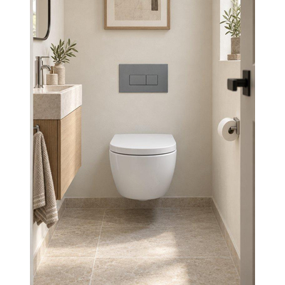 QeramiQ Dely Swirl Compact Toiletset - inbouwreservoir Geberit UP320 - met Burda frame - 25mm zitting - kunststof bedieningsplaat licht grijs - rechthoekige knoppen - mat wit
