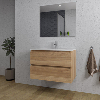 Saniclass Chaci Ensemble meuble de salle de bains - 80x45x55cm - lavabo en céramique blanc - 1 vasque ovale - 1 trou de robinet - 2 tiroirs - miroir rectangulaire - chêne