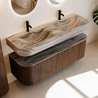 MONDIAZ THOR-DLUX 140cm badmeubel ronding links + rechts kleur Walnut met 1 lade en 2 deuren. Vrijhangende wastafel CLOUD Dubbel 2 kraangaten kleur Sombra.