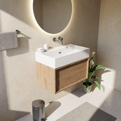 Saniclass Holz Frame Ensemble de meubles de salle de bains - 80x45x52cm - Legend lavabo en céramique blanc - 1 vasque - sans trou de robinet - 1 tiroir - chêne natural mat (bois)