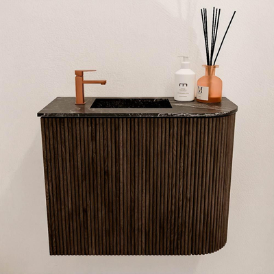 Mondiaz JOYA-DLUX 51.6cm toiletmeubel - ronding rechts kleur Walnut - Wastafel FAYE positie Links 1 kraangat kleur Lava.