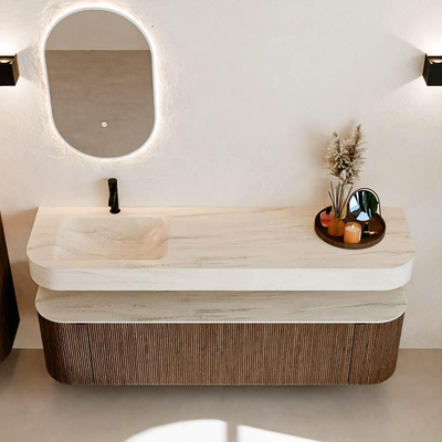 MONDIAZ THOR-DLUX 170cm badmeubel ronding links + rechts kleur Walnut met 1 lade en 2 deuren. Vrijhangende wastafel CLOUD Links 1 kraangat kleur Meli.