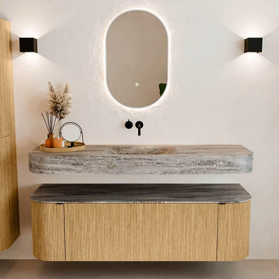 MONDIAZ THOR-DLUX 150cm badmeubel ronding links + rechts kleur Oak met 1 lade en 2 deuren. Vrijhangende wastafel CLOUD Midden zonder kraangat kleur Oza.