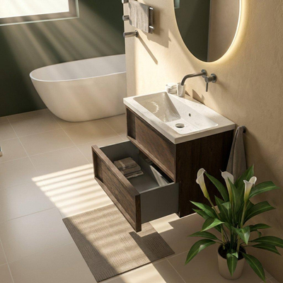 Saniclass Holz Frame Ensemble meuble de salle de bains - 80x45x63.5cm - lavabo en céramique Bari blanc - 1 vasque - sans trou de robinetterie - 2 tiroirs - chêne charcoal mat (bois)