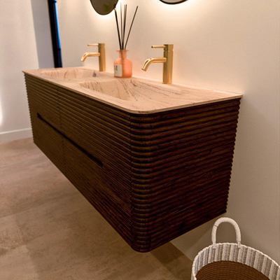 Mondiaz CIRO-DLUX Badkamermeubelset - 140x45x50cm - Solid surface wastafel Arena - 2 wasbak Dubbel - 2 kraangaten - 4 lades - Walnut