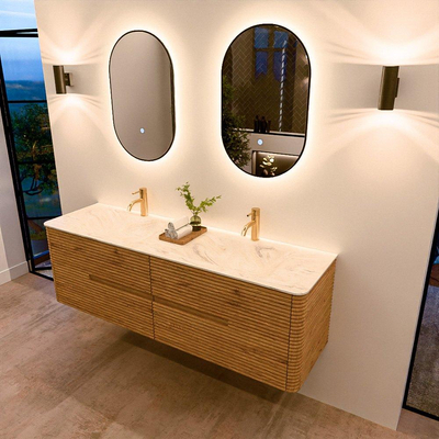 Mondiaz CIRO-DLUX Ensemble de meubles de salle de bains - 160x45x50cm - Plan vasque solid surface Ostra - 2 vasques double - 2 trous de robinetterie - 4 tiroirs - Chêne